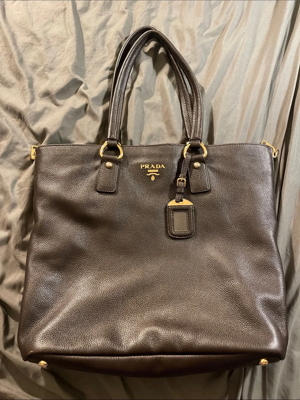 Prada Dark Brown Pebbled Leather Tote with Gold Hardware